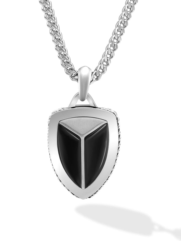 Black onyx shield pendant on a stainless-steel box chain